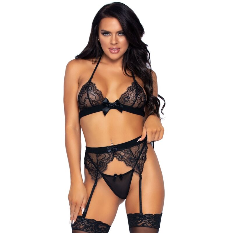 LEG AVENUE - TRZYCZĘŚCIOWY KOMPLET: TOP, PAS DO POŃCZOSZKÓW I STRINGI