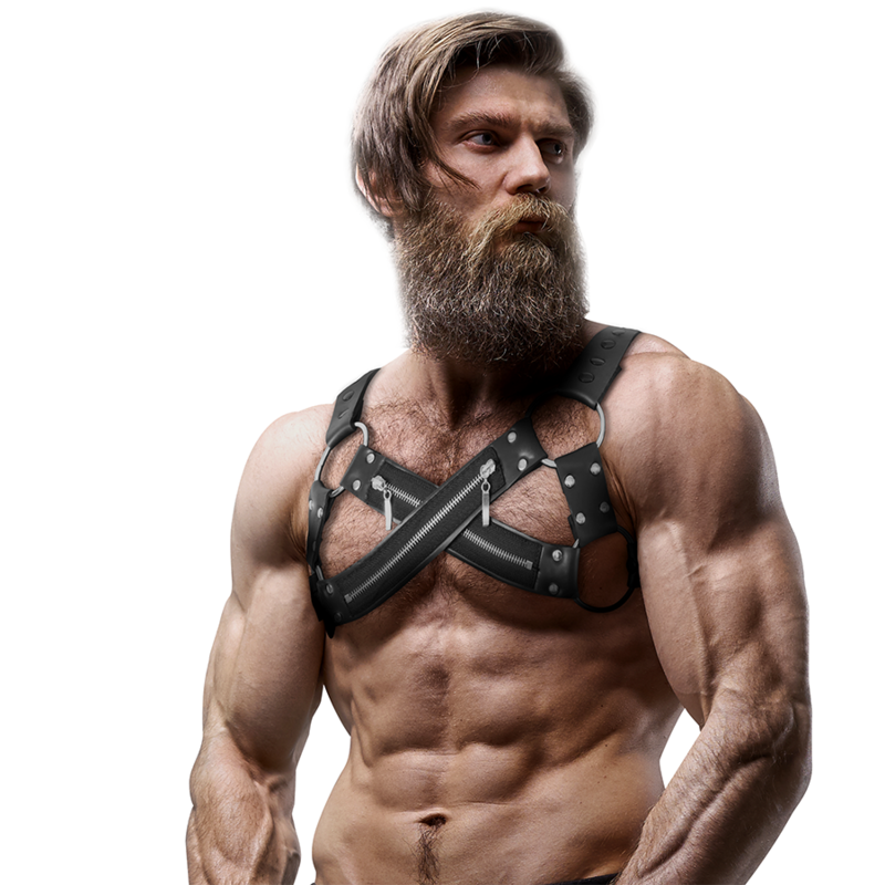 FETYSZOWA POSTAWA ULEGAJĄCA - REGULOWANE NEOPRENOWE SZELKI BULLDOG Z KRZYŻOWANYMI PIERSIAMI I ZAMKAMI DLA MĘŻCZYZN