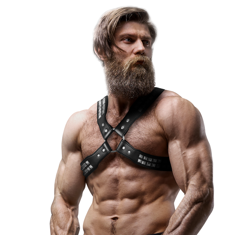 FETYSZYSTYCZNA POSTAWA ULEGAJĄCA - MĘSKA UPRZĄŻ Z EKOSKÓRY Z NITEM I SKRZYŻOWANĄ KLATKĄ PIERSIOWĄ