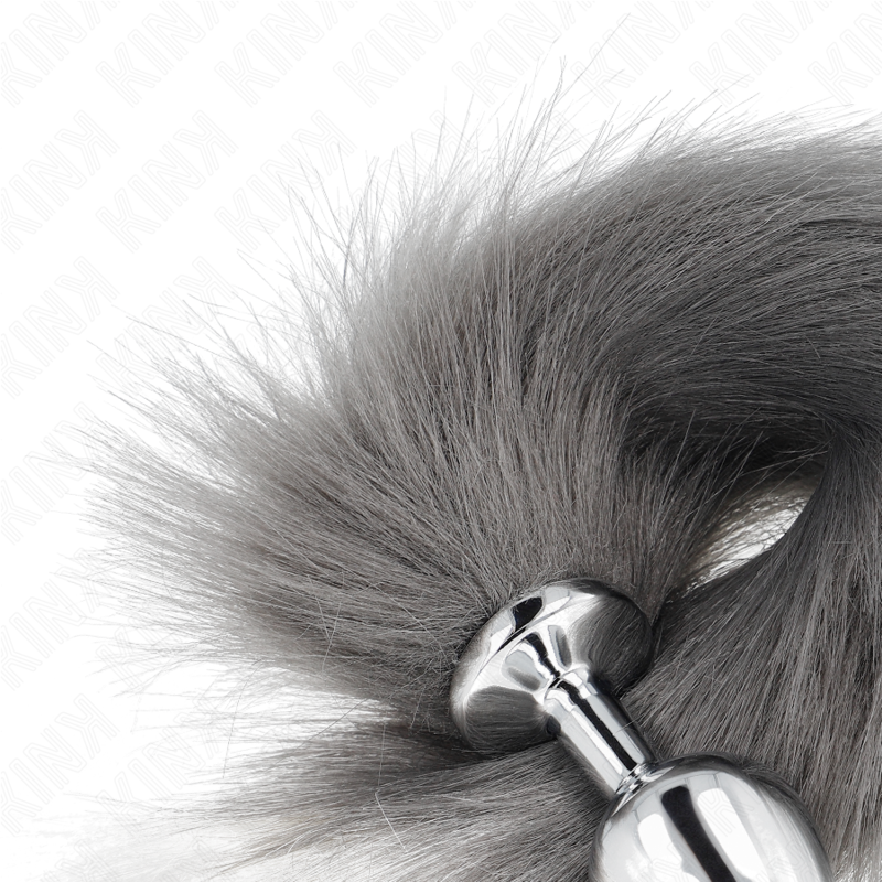 KINK - ZATYCZKA ANALNA ROZMIAR M 8 X 3,5 CM Z OGONEM SYNTETYCZNYM 40 CM SZARO-BIAŁY