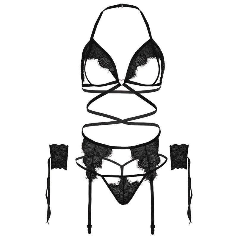 LEG AVENUE - CZTEROCZĘŚCIOWY KOMPLET BIUSTONOSZ, STRIPS, PAS DO POŃCZOSZEK I MANKIETY NA NADGARSTKI, ROZMIAR JEDEN - CZARNY