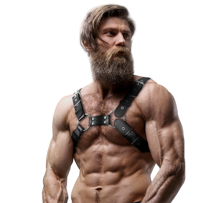 FETYSZYZM Uległości - MĘSKIE REGULOWANE SZELKI Z EKOSKÓRY NA PIERSI BULLDOG