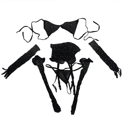 SUBBLIME - 952174 Bodystocking z siateczki z rękawiczkami i diamentami, czarny, jeden rozmiar