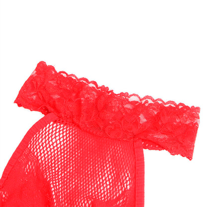 SUBBLIME - 952372 FISHNET AND LACE CROTCHLESS BODYSTOCKING WITH HIGH NECK RED ONE SIZE