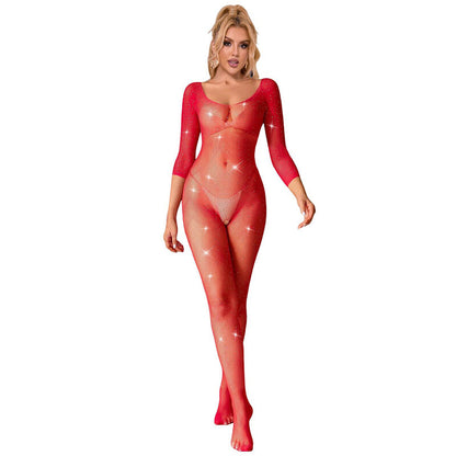 SUBBLIME - 952419 BODYSTOCKING Z SIATKI RYBACKIEJ Z DIAMENTAMI, DŁUGI RĘKAW, CZERWONY XS/M