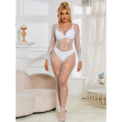 SUBBLIME - 952396 BODYSTOCKING Z SIATKI RYBACKIEJ Z DIAMENTAMI, DŁUGI RĘKAW, BIAŁY, ROZMIAR JEDNORAZOWY