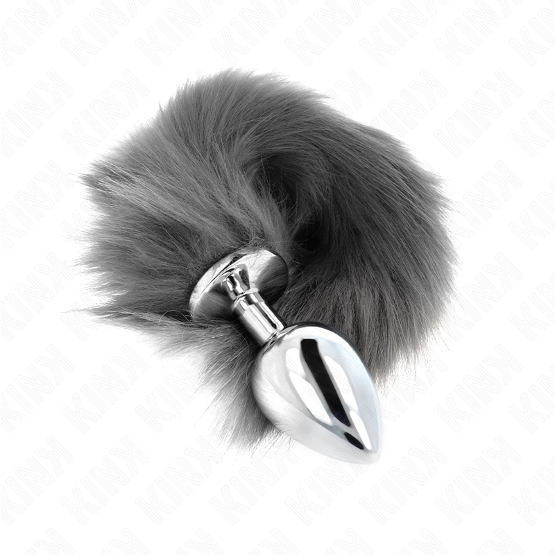 KINK - ZATYCZKA ANALNA ROZMIAR L 10 X 4 CM Z OGONEM SYNTETYCZNYM 40 CM SZARY I BIAŁY