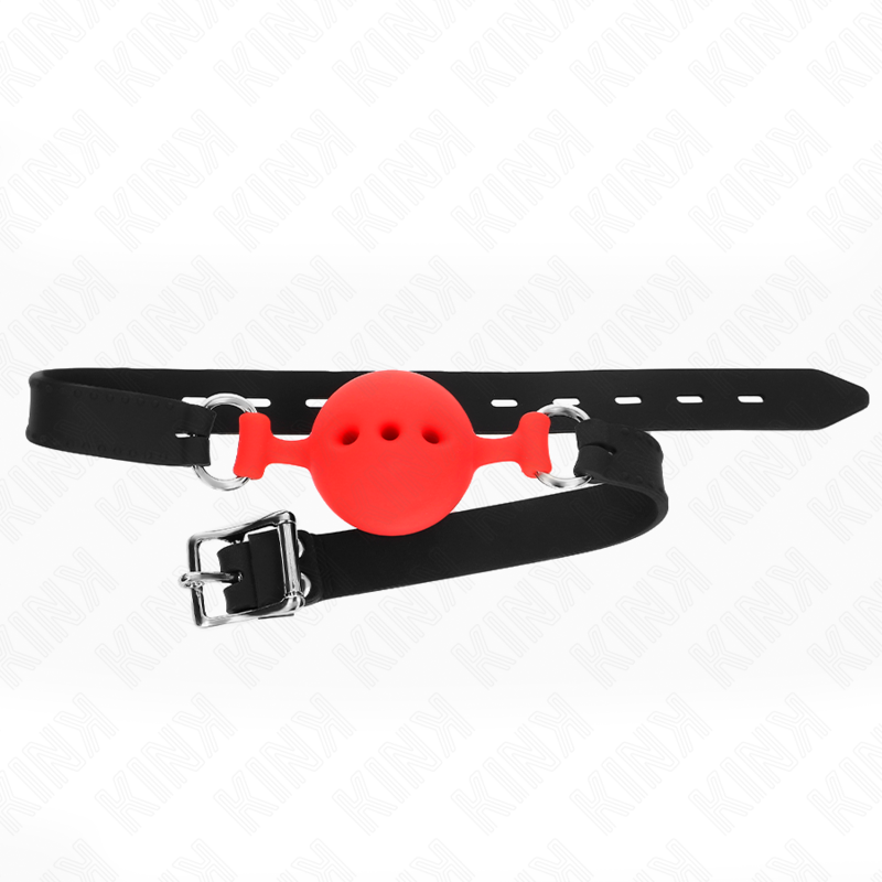 KINK - KNEBEL SILIKONOWY 55 x 2 CM Z KULECZKĄ 4,5 CM ROZMIAR M CZERWONY REGULOWANY 35-51 CM