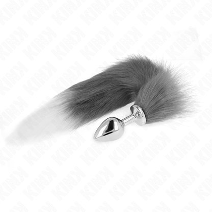 KINK - ZATYCZKA ANALNA ROZMIAR M 8 X 3,5 CM Z OGONEM SYNTETYCZNYM 40 CM SZARO-BIAŁY