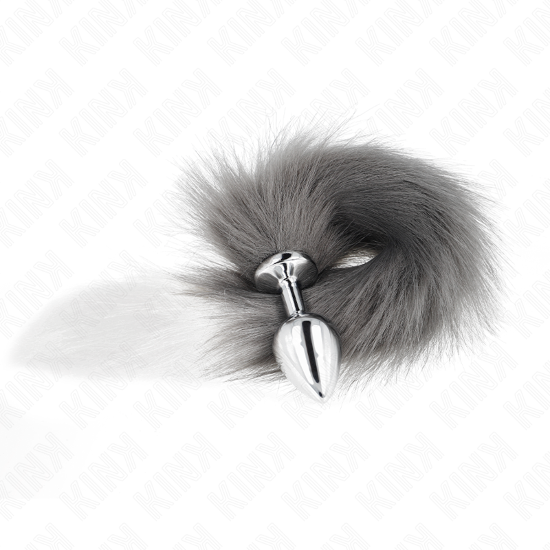 KINK - ZATYCZKA ANALNA ROZMIAR M 8 X 3,5 CM Z OGONEM SYNTETYCZNYM 40 CM SZARO-BIAŁY