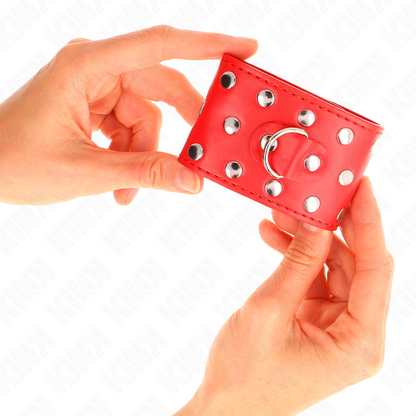 KINK - KLAMRY NA NADGARSTKI Z ZAPIĘCIEM NA NAPĘD, PEŁNE NITÓW, CZERWONE, REGULOWANE 19-24 CM X 5,5 CM