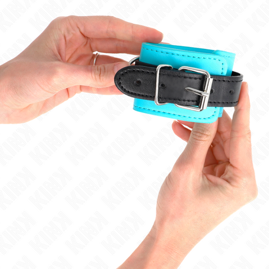 KINK - HOOK KLAMRY NA NADGARSTKI NIEBIESKIE Z PODSZEWKĄ Z FUTERKA REGULOWANE 20-28 CM X 5,5 CM