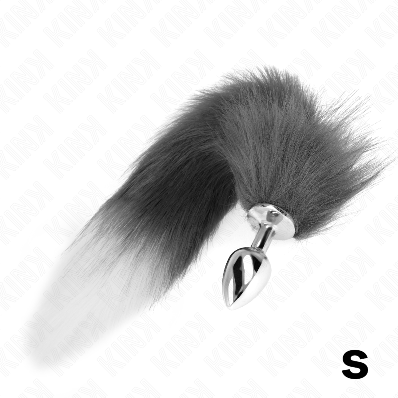 KINK - ZATYCZKA ANALNA ROZMIAR S 7 X 3 CM Z OGONEM SYNTETYCZNYM 40 CM SZARY I BIAŁY