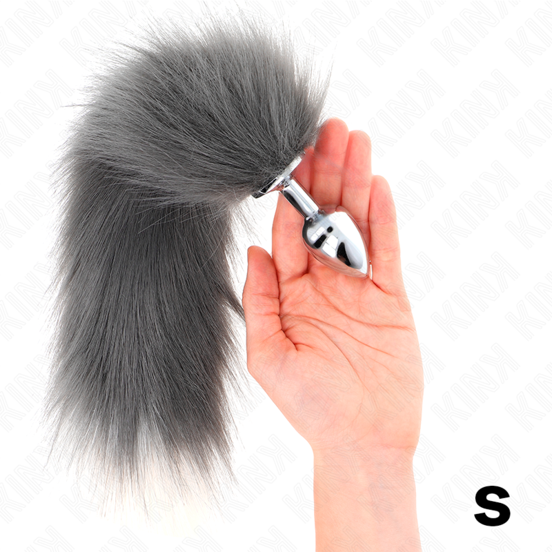 KINK - ZATYCZKA ANALNA ROZMIAR S 7 X 3 CM Z OGONEM SYNTETYCZNYM 40 CM SZARY I BIAŁY