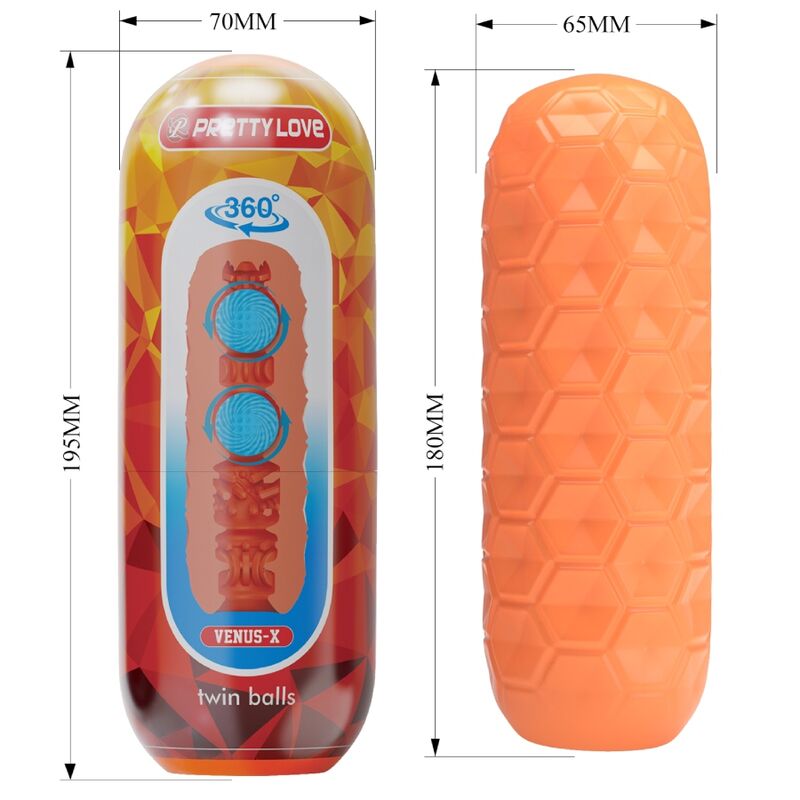PRETTY LOVE - MĘSKI MASTURBATOR Z PODWÓJNYMI KULKAMI W KOLORZE POMARAŃCZOWYM