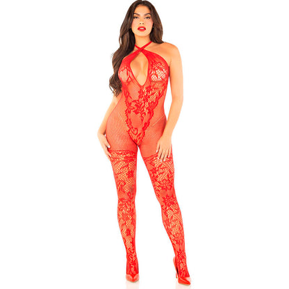 LEG AVENUE - SIATKOWE BODYSTOCKING Z NADRUKIEM W KWIATY, CZERWONE, ROZMIAR JEDNORAZOWY