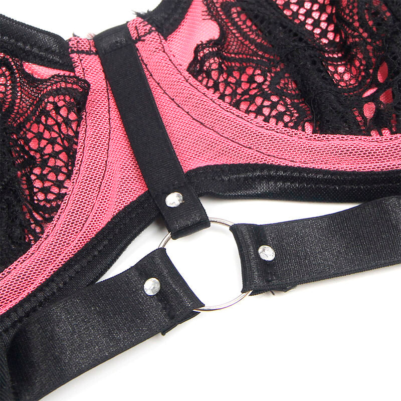 SUBBLIME - 955571 Różowy komplet biustonosza z siateczki ze skóry lakierowanej, zapinany na suwak, rozmiar S/M