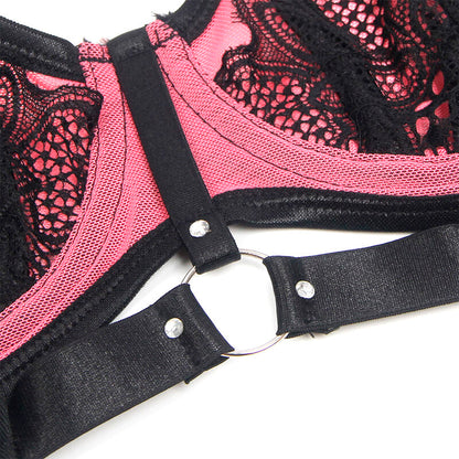 SUBBLIME - 955588 Różowy komplet biustonosza z siateczki ze skóry lakierowanej, zapinany na suwak, rozmiar L/XL