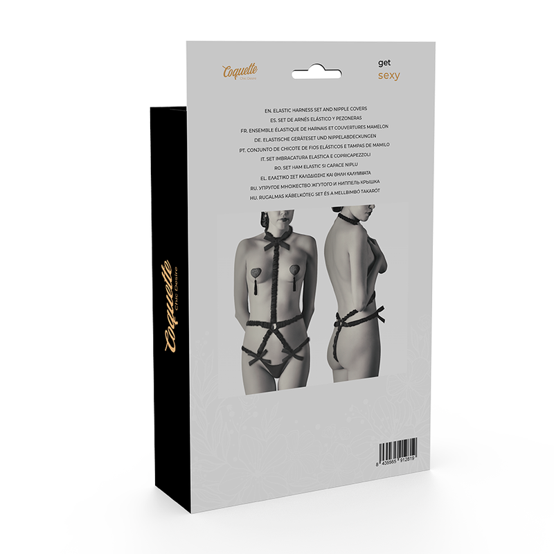 COQUETTE CHIC DESIRE - ELASTYCZNY KOMPLET UPRZĘŻY I OSŁONKI NA SUTKI CZARNE